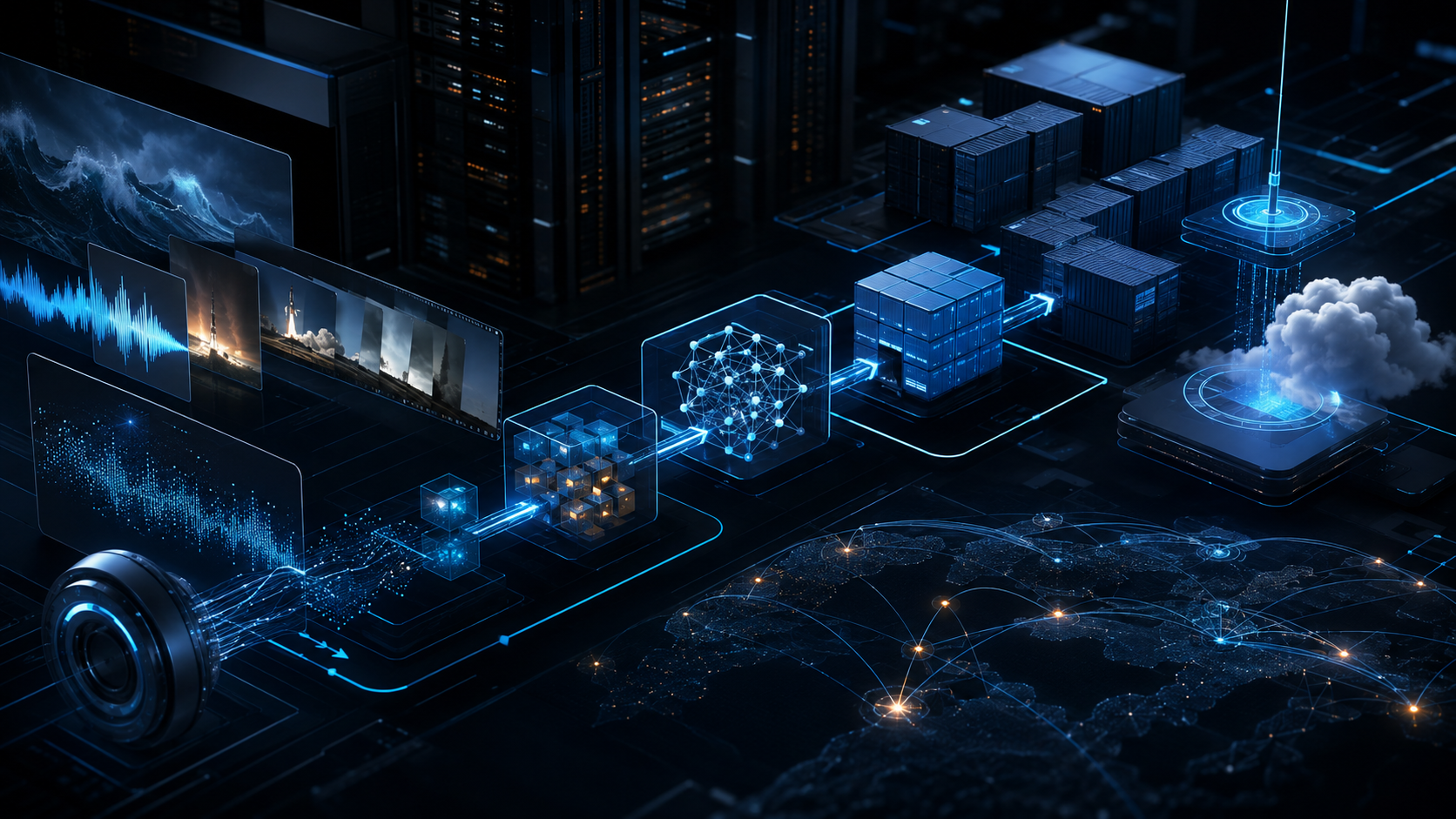 Pipeline multimedia e infraestructura cloud conectando servidores, APIs y servicios